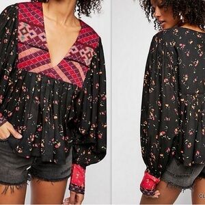 Free People Lady Lou
Printed Embroidered Bohemian Floral Blouse Size M